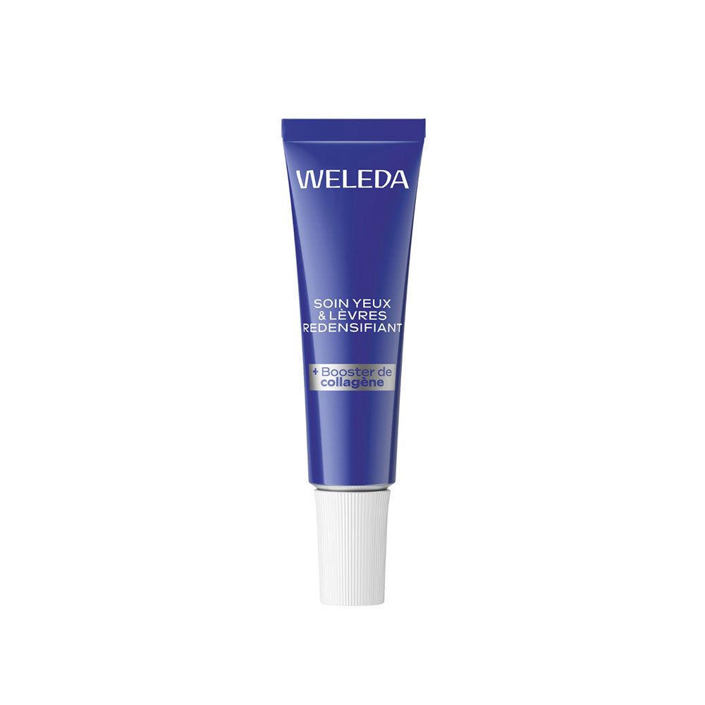 Blauwe tube met witte dop. Opschrift: WELEDA, SOIN YEUX & LÈVRES REDENSIFIANT, + Booster de collagène.