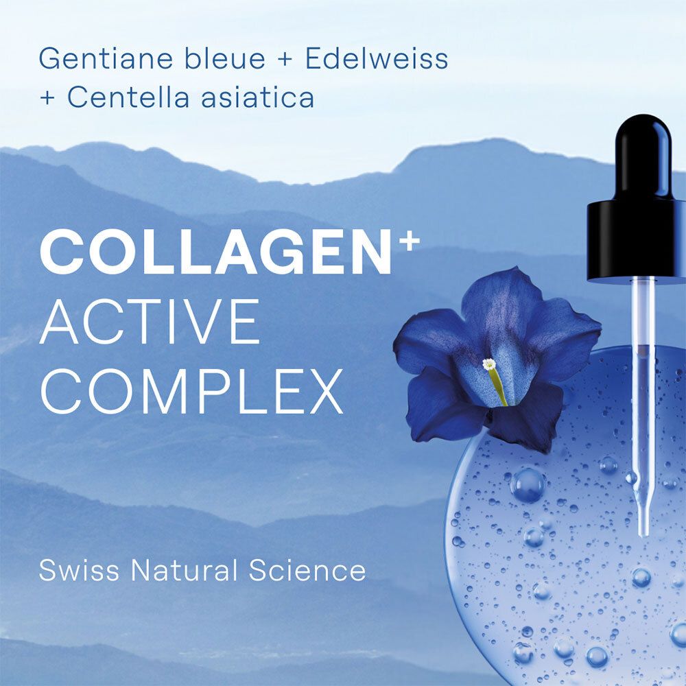 Bloem en druppels. Tekst: COLLAGEN+ ACTIVE COMPLEX. Ingrediënten: Gentiane bleue + Edelweiss + Centella asiatica. Swiss Natural Science.