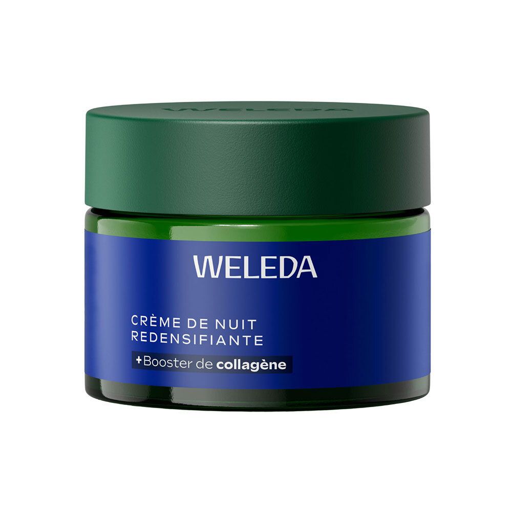 Donkerblauwe crème pot met groene deksel. Opschrift WELEDA en Crème de Nuit Redensifiante. +Booster de collagène.