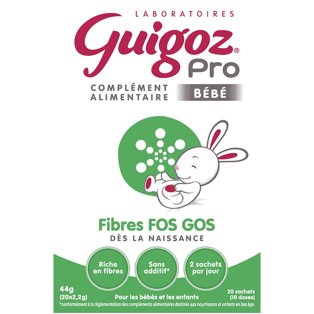 GUIGOZ® Pro Bébé, voedingssupplement. FOS GOS vezels. Konijn ontwerp. Verpakking van 44g.