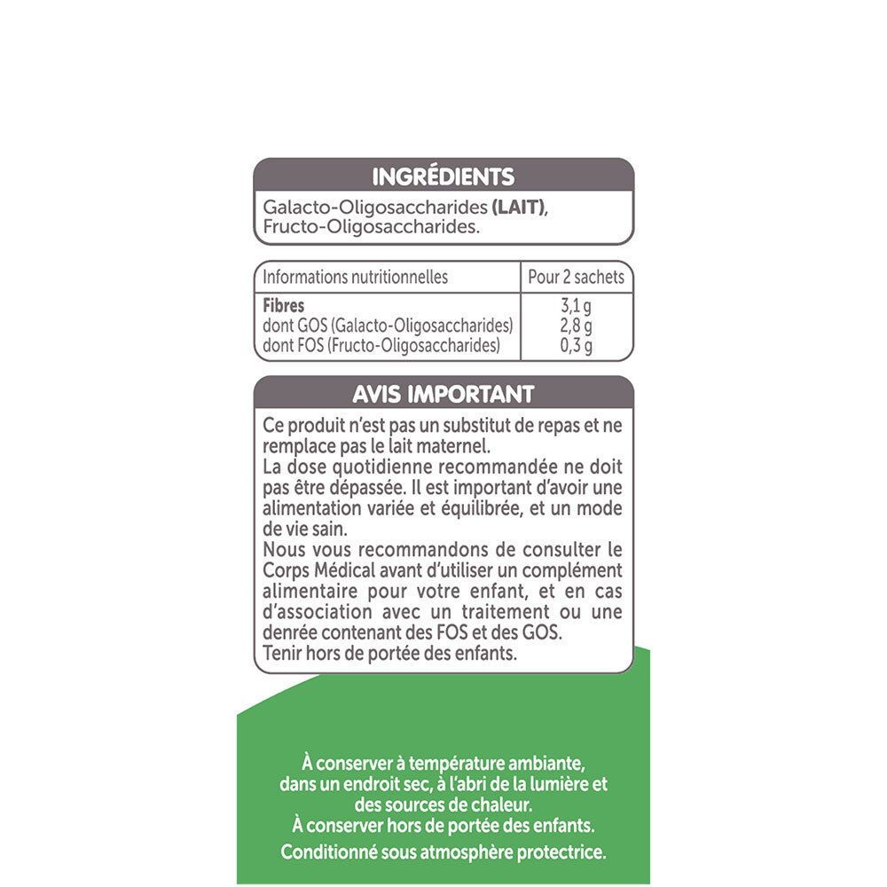 GUIGOZ® Pro Bébé, ingrediëntenlijst. Bevat Galacto-Oligosachariden (MELK) en Fructo-Oligosachariden. Belangrijke mededeling.