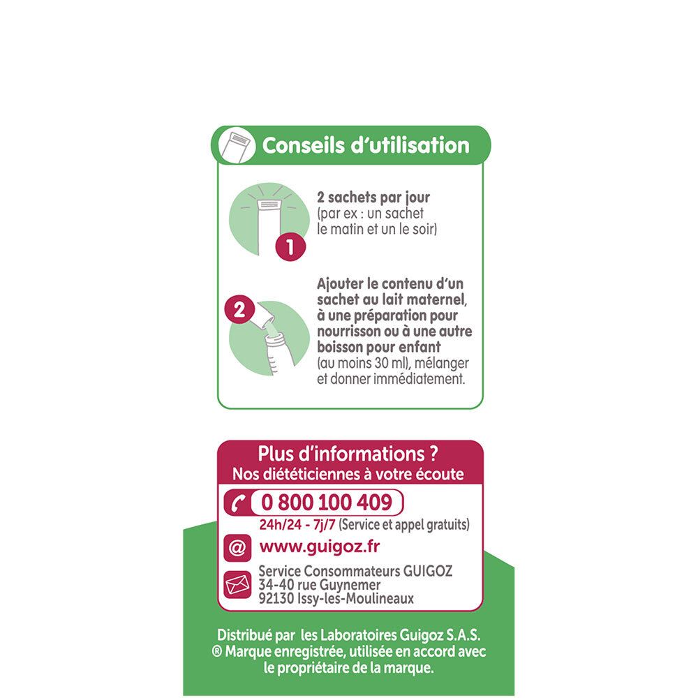 GUIGOZ® Pro Bébé, gebruikstips. 2 zakjes per dag. Contactgegevens en website.