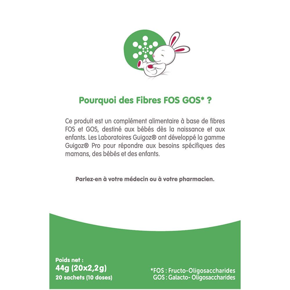 GUIGOZ® Pro Bébé, informatie over FOS GOS vezels. Supplement voor baby's en kinderen. Verpakking van 44g, 20 zakjes.