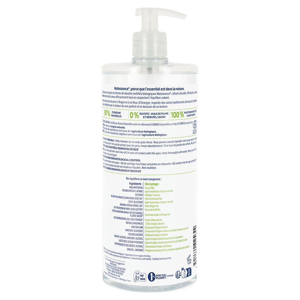 Dos du flacon de crème de douche. Texte avec ingrédients et certifications. Flacon en matière recyclée.