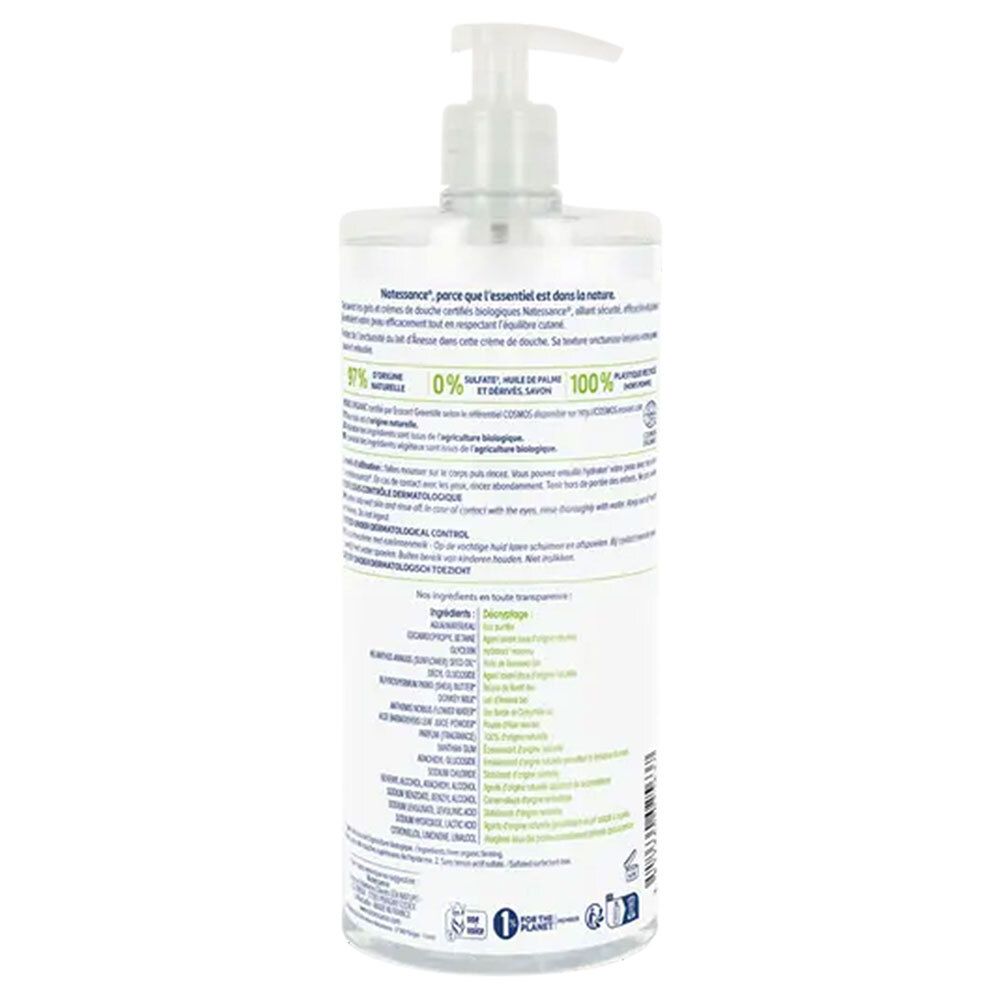Dos du flacon de crème de douche. Texte en plusieurs langues. Liste des ingrédients. Certification bio.