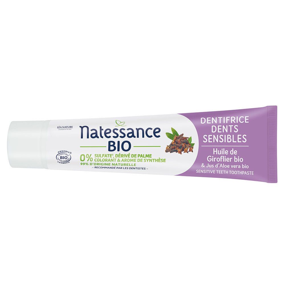 Natessance Bio tandpasta tube voor gevoelige tanden. Paars en wit. Bio-gecertificeerd.