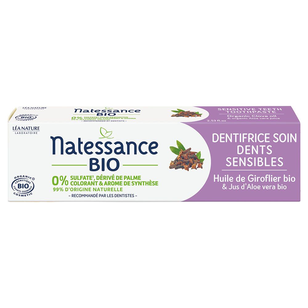 Verpakking van Natessance Bio tandpasta voor gevoelige tanden. Wit en paars. Bio-gecertificeerd.