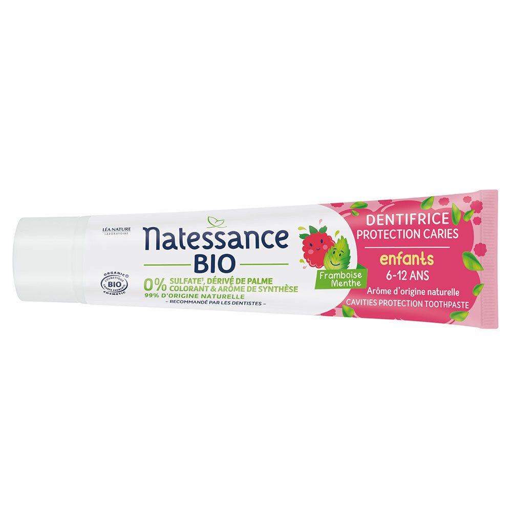 Tube de dentifrice blanc et rose. Texte: Natessance BIO, Framboise Menthe, 6-12 ans, Protection caries.