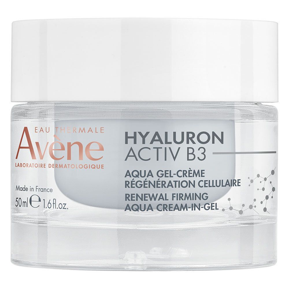 Pot en verre avec couvercle blanc. Inscription: Avene, Hyaluron Activ B3. Aqua Gel-Crème, régénération cellulaire.