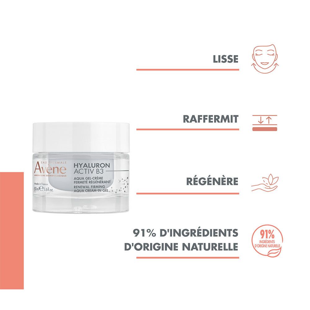 Produit avec texte et icônes. Texte: Lisse, Raffermit, Régénère. 91% Ingrédients d'origine naturelle.