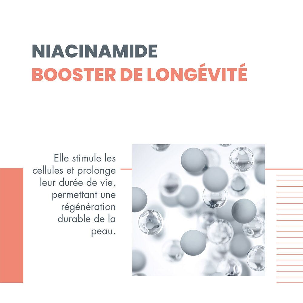 Texte: Niacinamide, Booster de longévité. Illustration de sphères.