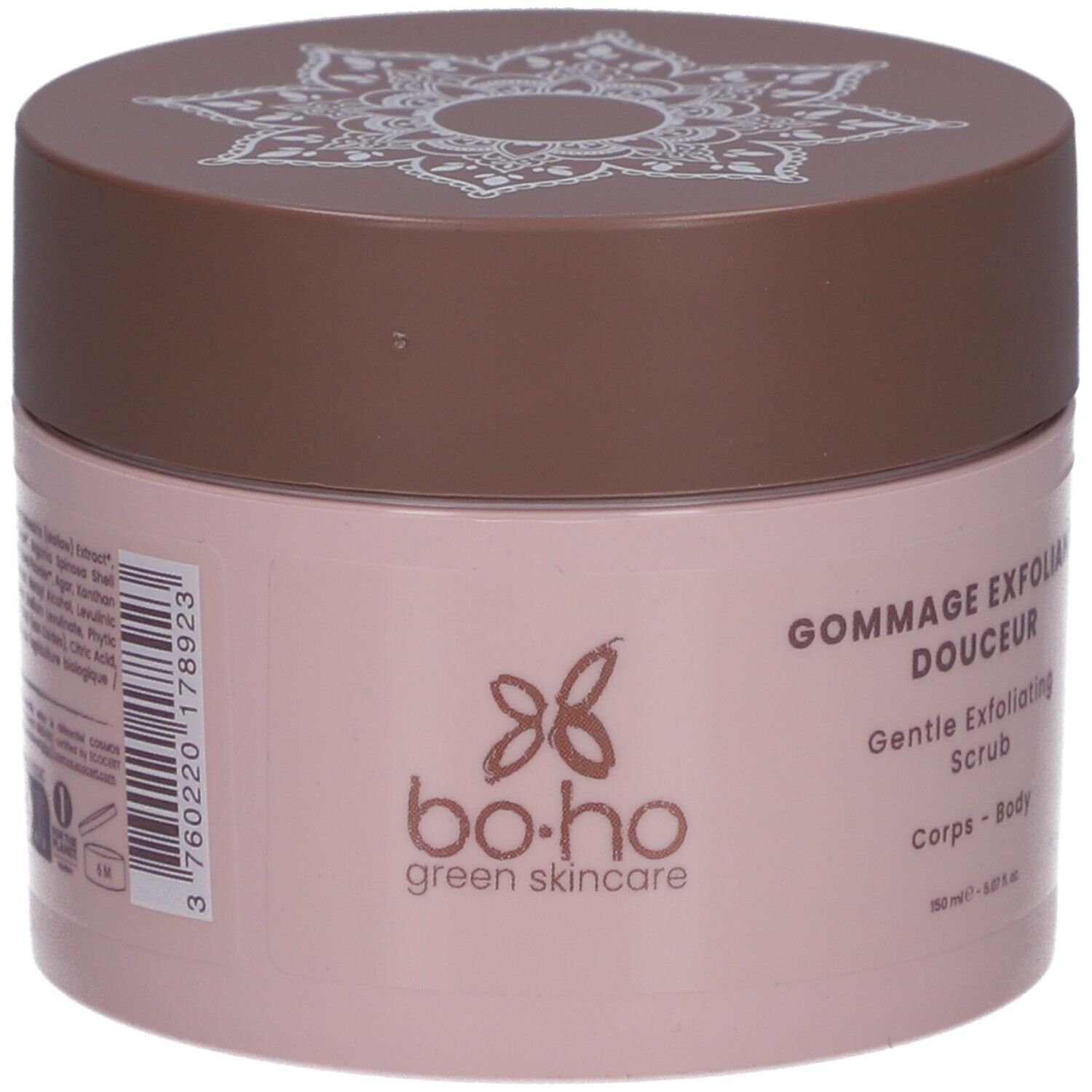 Roze pot met bruin deksel. Opschrift: bo.ho green skincare, Gommage Exfoliant Douceur, Gentle Exfoliating Scrub, Corps-Body.