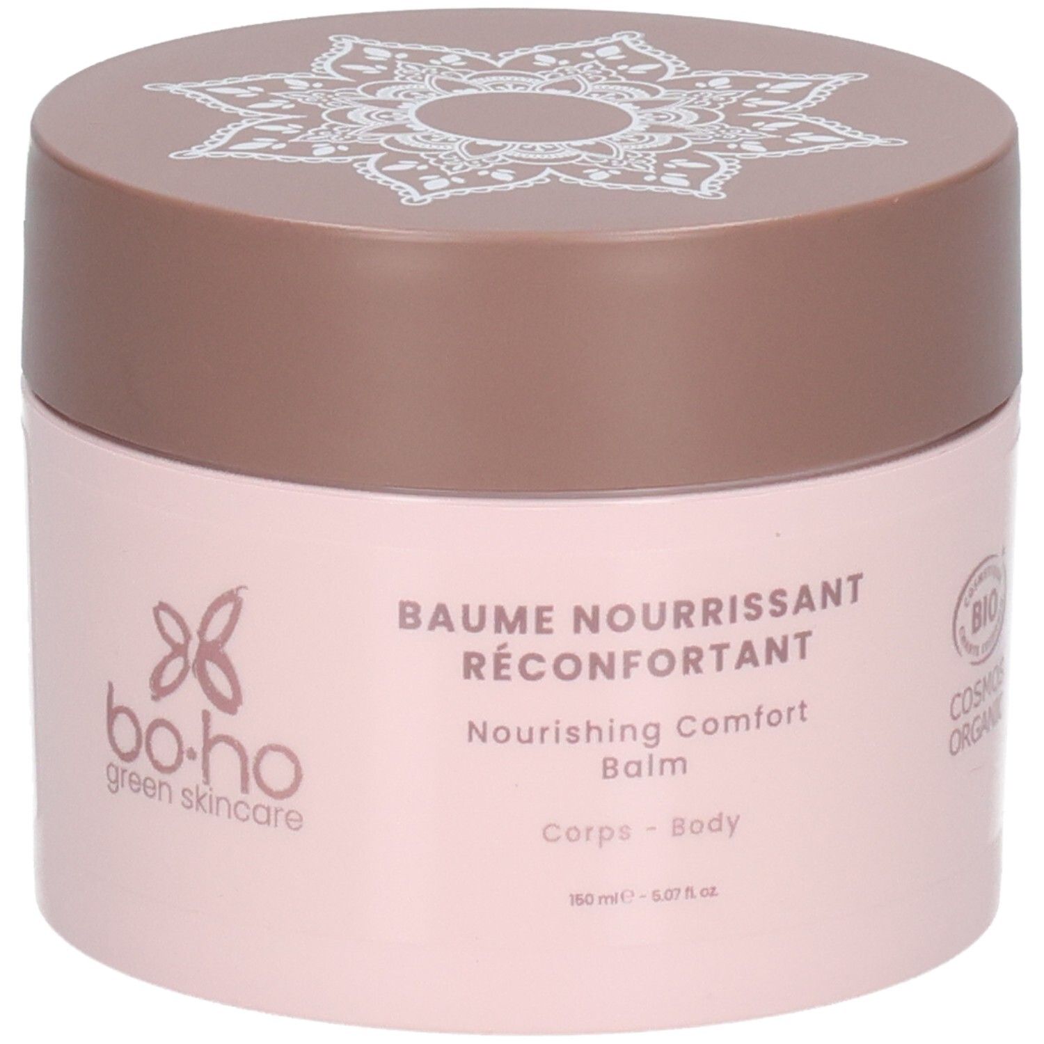 Roze pot met bruin deksel. Wit patroon op deksel. Opschrift "BAUME NOURRISSANT RÉCONFORTANT" op de pot.