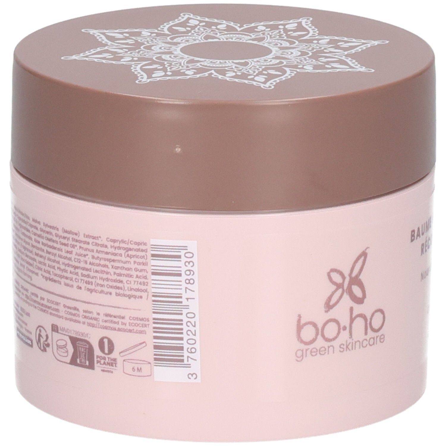 Achterkant van de roze pot. Opschriften met ingrediënten en informatie. Barcode en logo's.