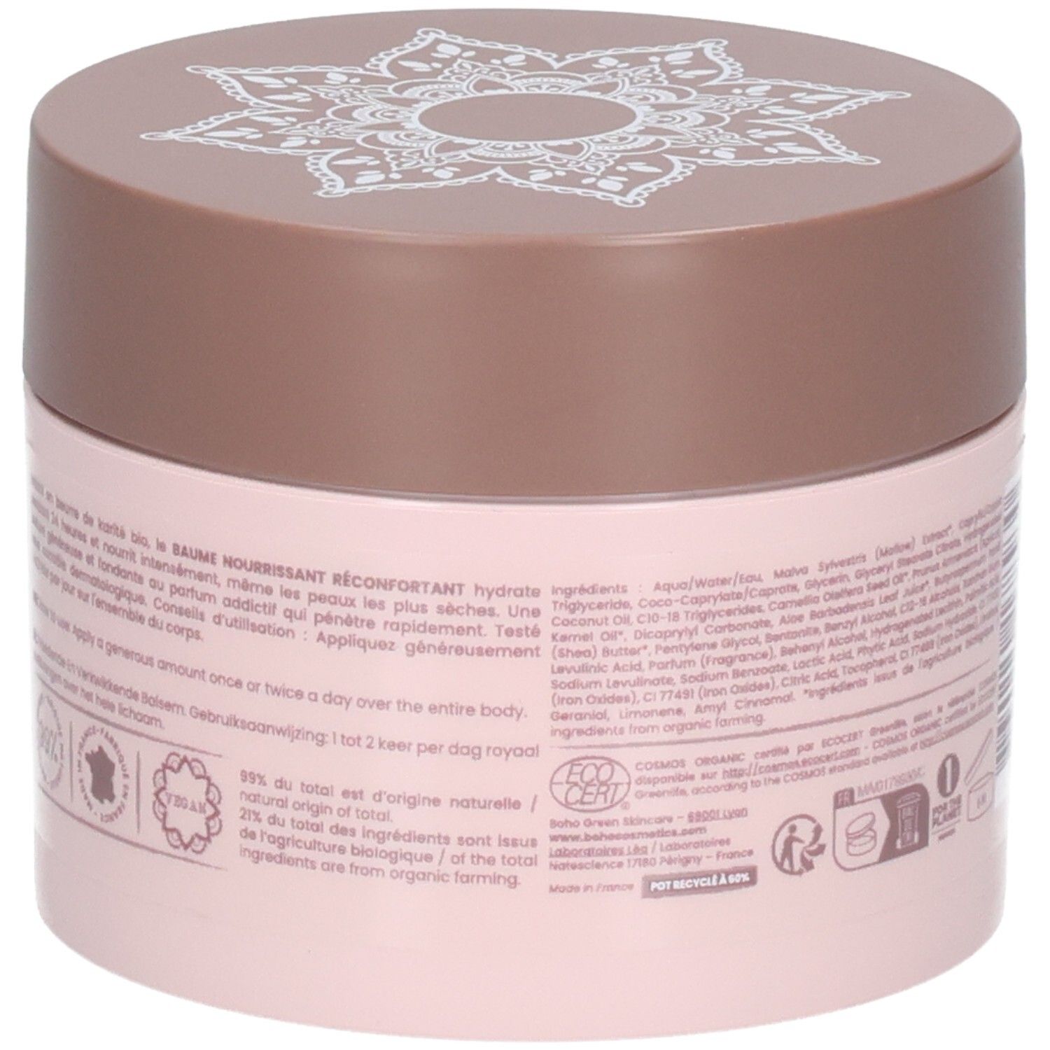 Achterkant van de roze pot. Tekst met informatie en logo's. Opschrift "COSMOS ORGANIC".