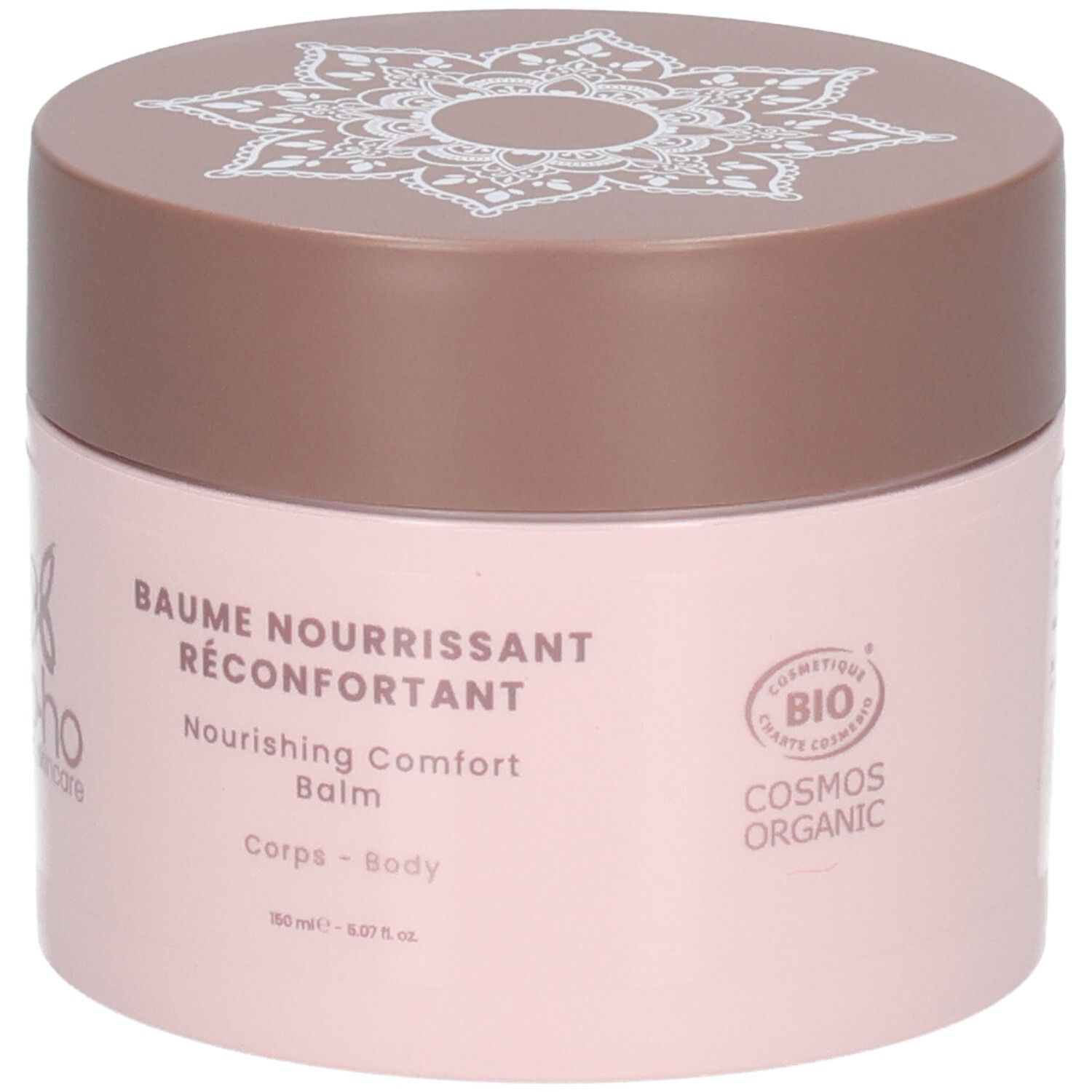Roze pot met bruin deksel. Wit patroon op deksel. Opschrift "BAUME NOURRISSANT RÉCONFORTANT".