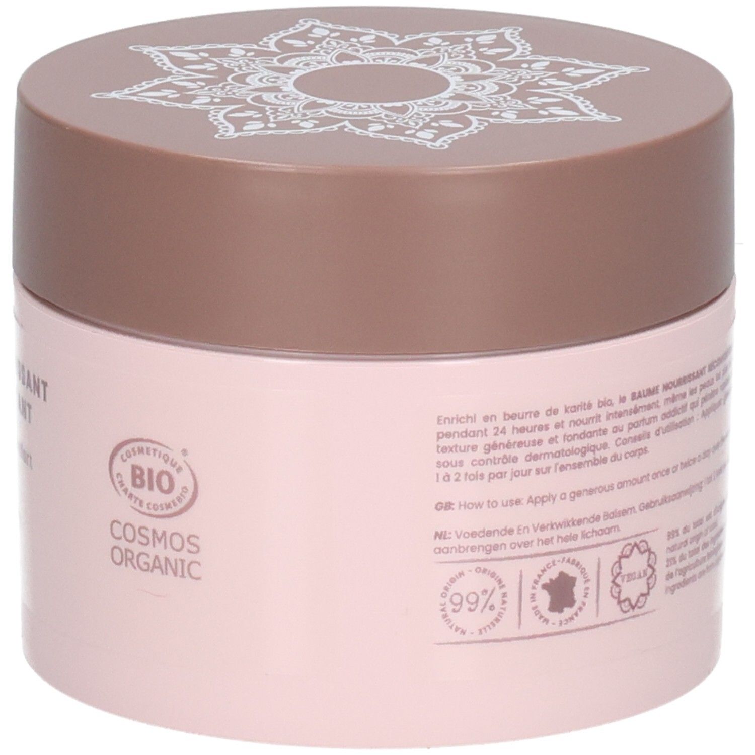 Achterkant van de roze pot. Tekst met informatie en logo's. Opschrift "COSMOS ORGANIC".