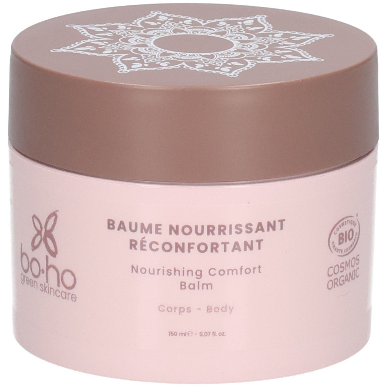 Roze pot met bruin deksel. Wit patroon op deksel. Opschrift "BAUME NOURRISSANT RÉCONFORTANT".