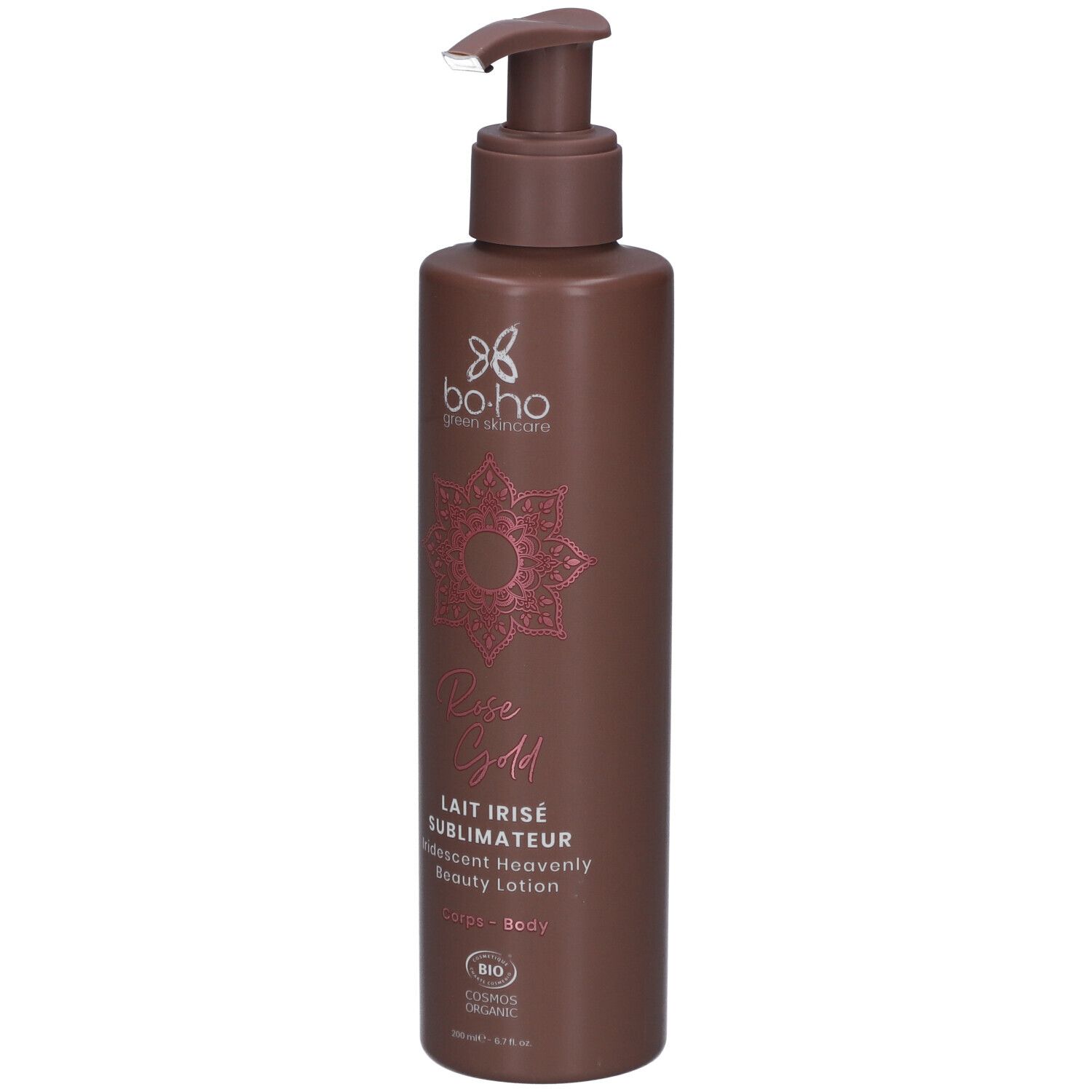 Bruine fles met pomp. Opschrift: Lait Irisé Sublimateur. Logo: bo-ho green skincare. Bio-certificering.