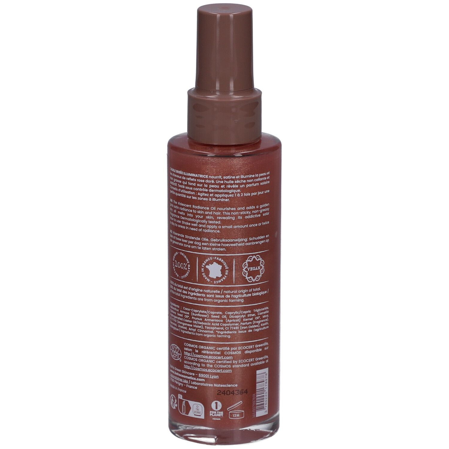 Flacon spray marron. Texte sur l'étiquette. Certifications bio. Vue arrière.