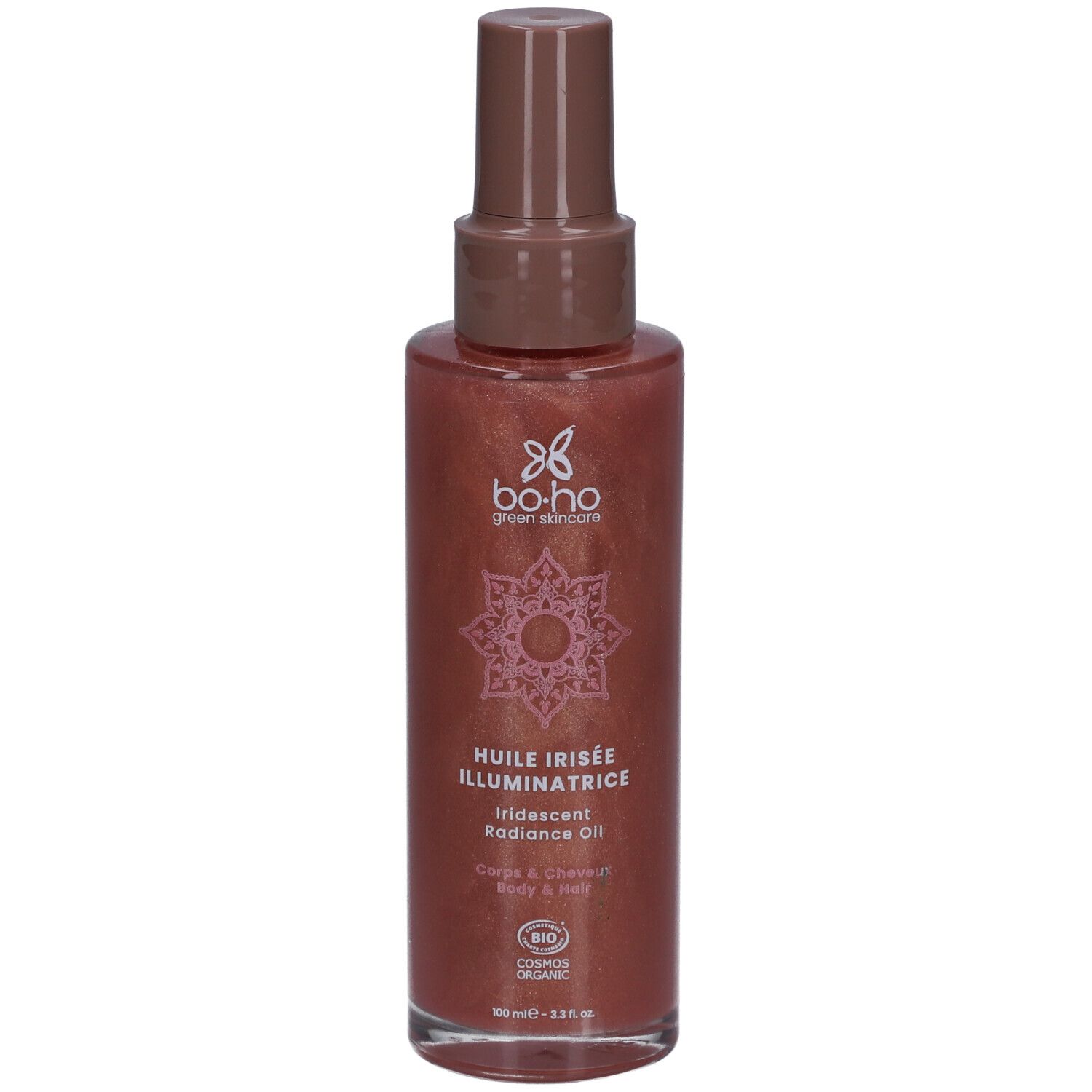Flacon spray marron. Texte: BOHO, Huile Irisée Illuminatrice. Certification bio. Vue de face.