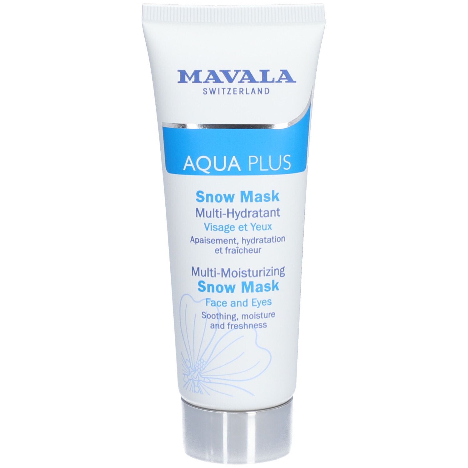 Witte tube met blauwe tekst. Bevat Mavala AQUA PLUS Snow Mask. Tekst: Multi-Hydraterend, gezicht en ogen.