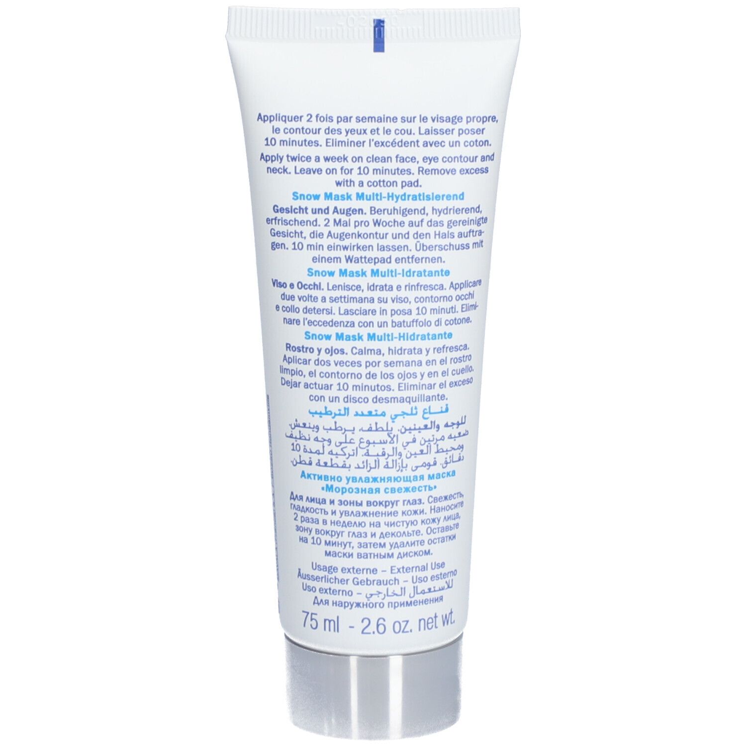 Achterkant van de witte tube. Meertalige tekst: gebruik, ingrediënten, 75 ml, 2.6 oz net. wt.