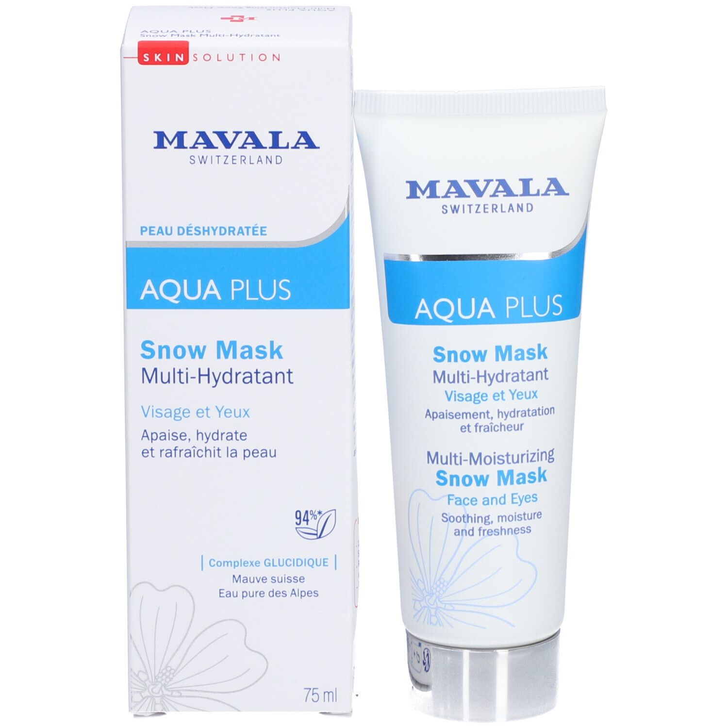 Productverpakking met tube. Mavala AQUA PLUS Snow Mask. Witte doos met blauwe accenten. 75 ml.