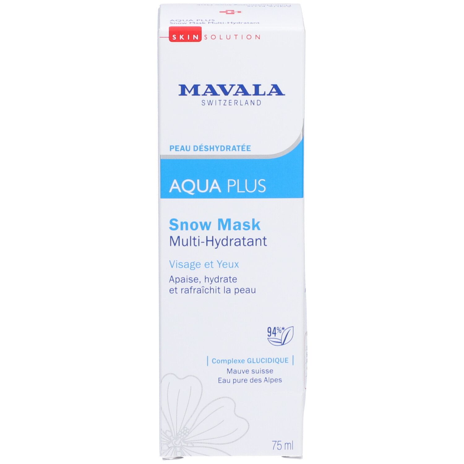 Witte doos met blauwe accenten. Mavala AQUA PLUS Snow Mask. Tekst: Peau Déshydratée, 75 ml.