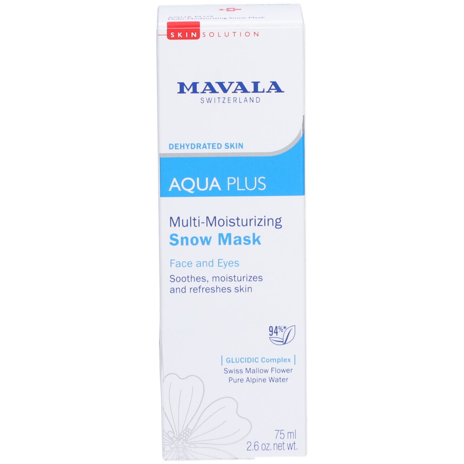 Witte doos. Mavala AQUA PLUS Snow Mask. Tekst: Uitgedroogde huid, 75 ml, 2.6 oz net. wt.