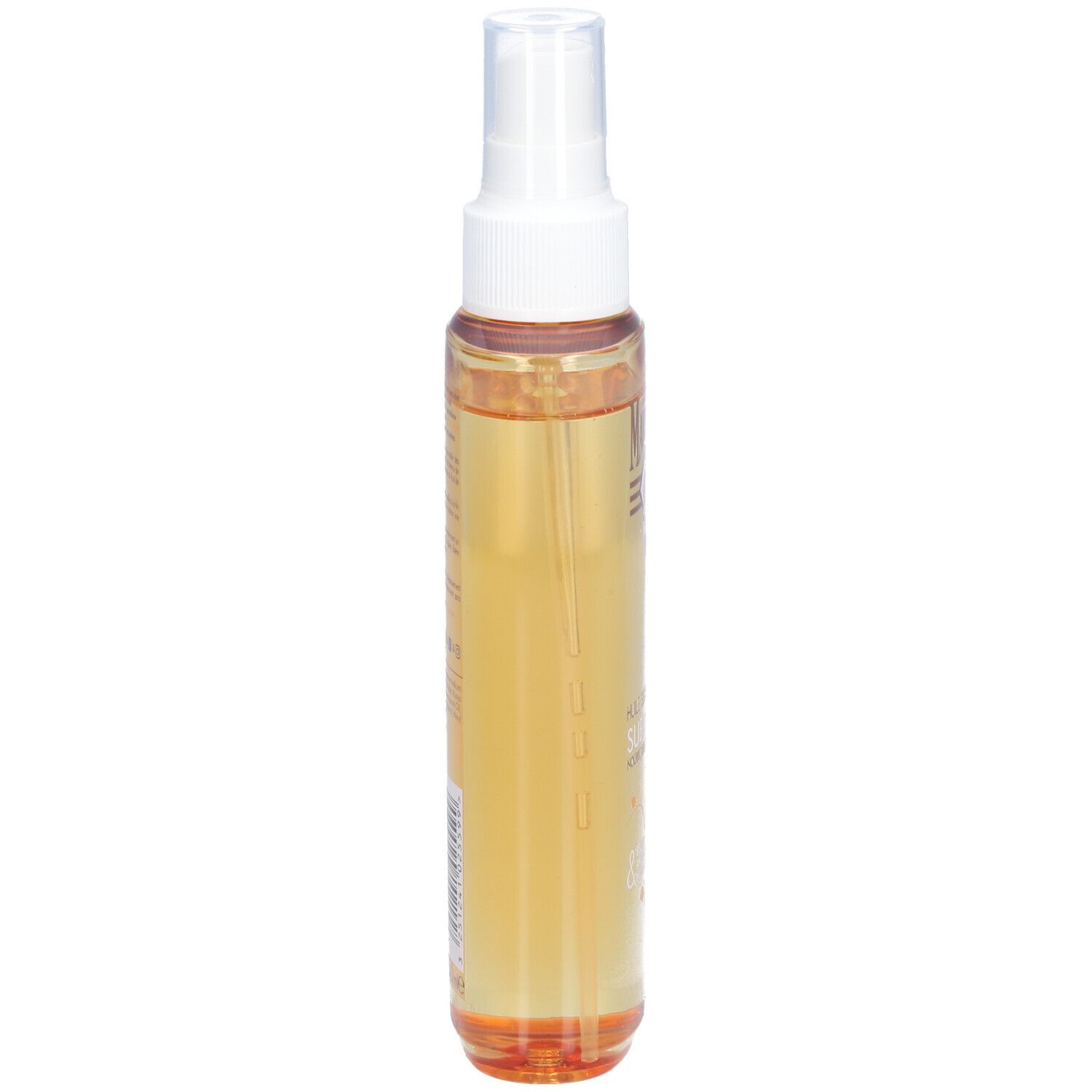 Flesje met olie. Opschrift: Le Petit Marseillais, Huile Seche Sublimante. Bevat karité, amandel, arganolie. 24H hydratatie.