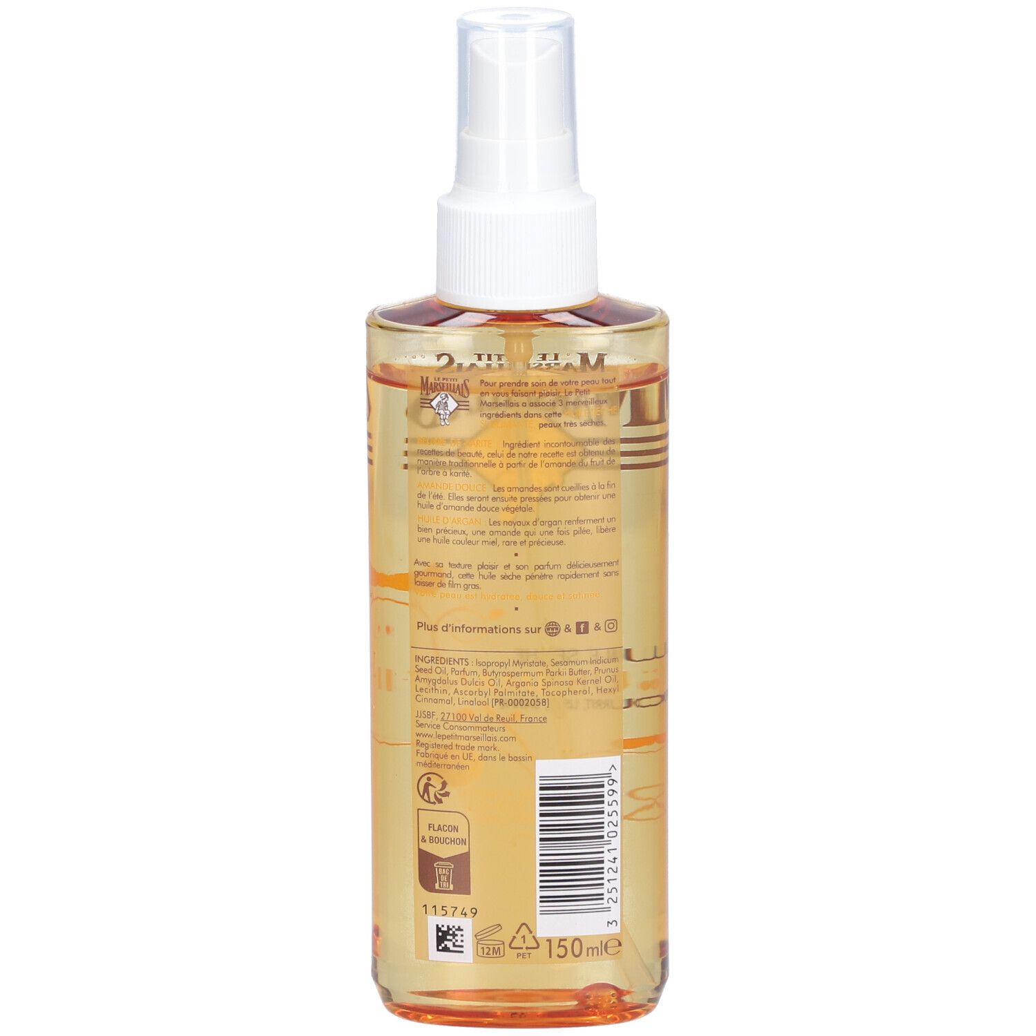 Flesje met olie. Opschrift: Le Petit Marseillais, Huile Seche Sublimante. Bevat karité, amandel, arganolie. 24H hydratatie.