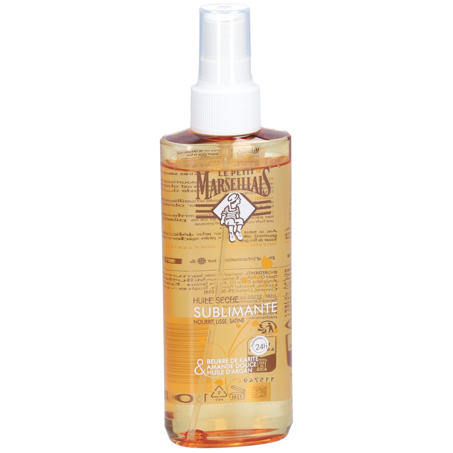 Flesje met olie. Opschrift: Le Petit Marseillais, Huile Seche Sublimante. Bevat karité, amandel, arganolie. 24H hydratatie.