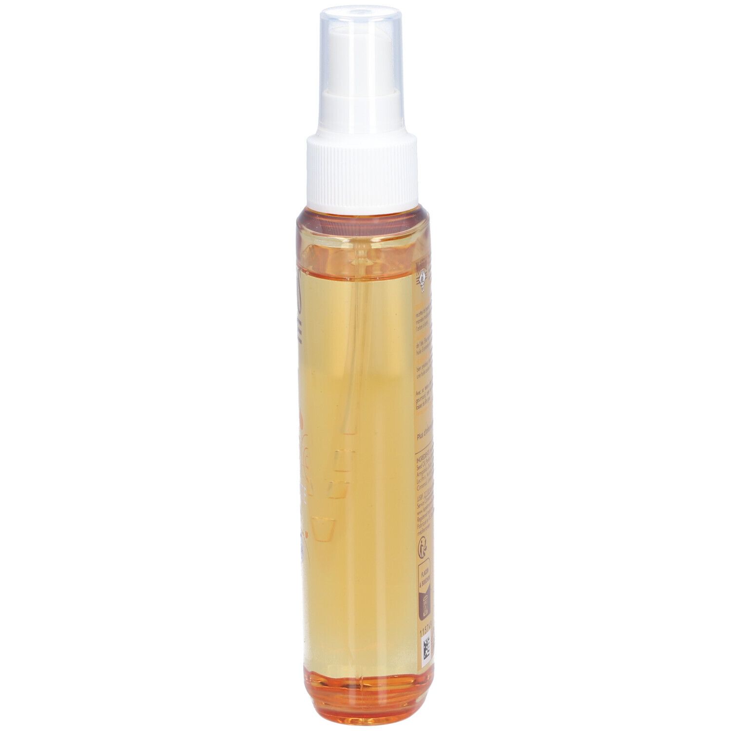 Flesje met olie. Opschrift: Le Petit Marseillais, Huile Seche Sublimante. Bevat karité, amandel, arganolie.