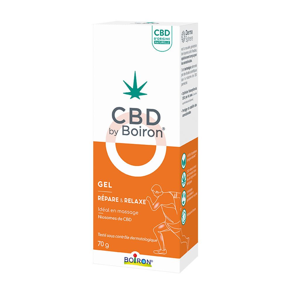 Witte doos met CBD by Boiron® gel. Oranje gedeelte met productnaam en afbeelding van een persoon. 70 g.