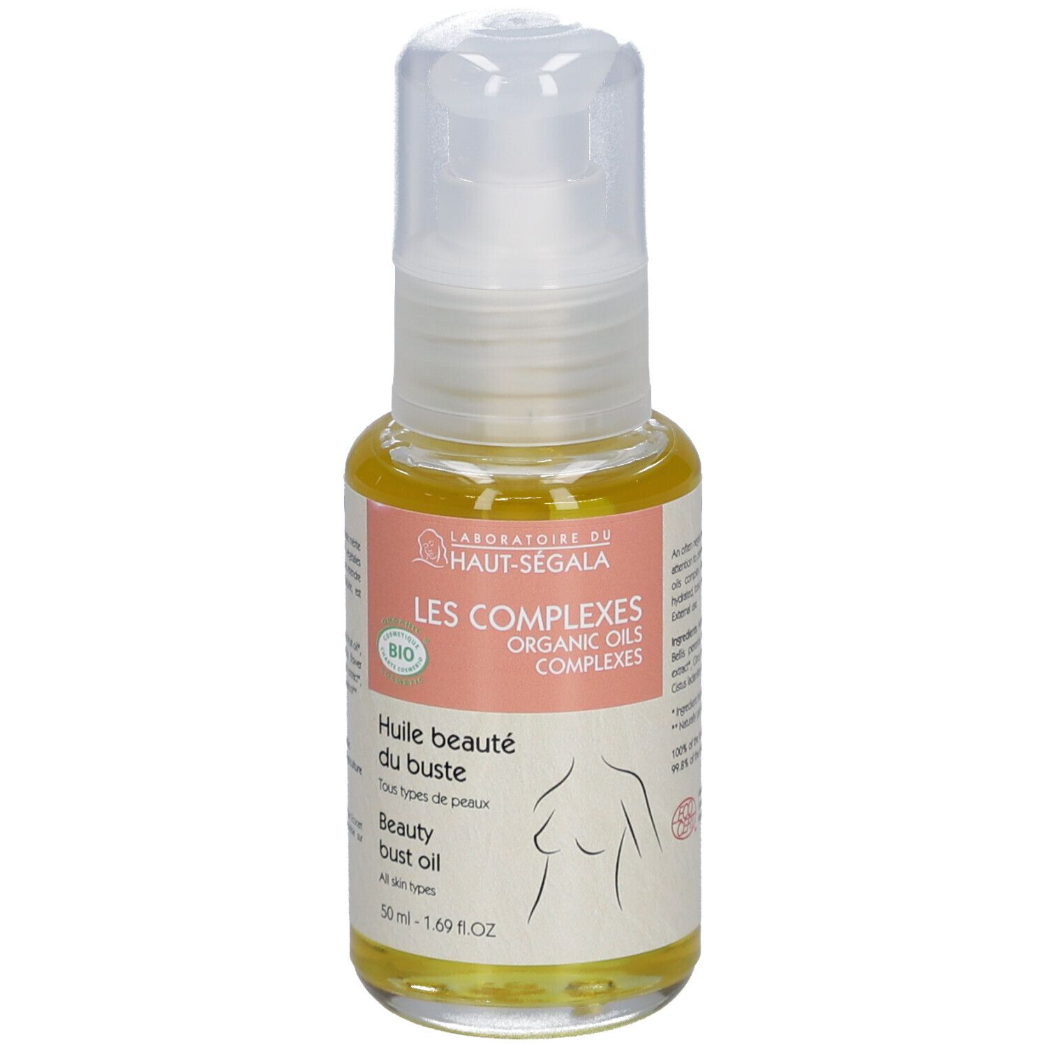 Productfles met opschrift: Les Complexes, Huile beauté du buste, Bio. Borstomtrek. Transparante dop.