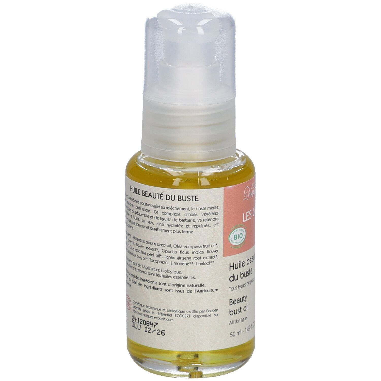 Productfles met opschrift: Les Complexes, Huile beauté du buste, Bio. Borstomtrek. Transparante dop.