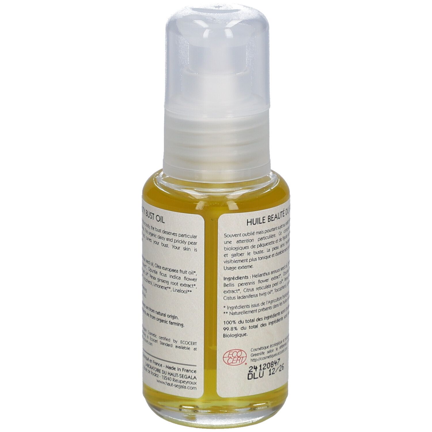Productfles met opschrift: Les Complexes, Huile beauté du buste, Bio. Borstomtrek. Transparante dop.