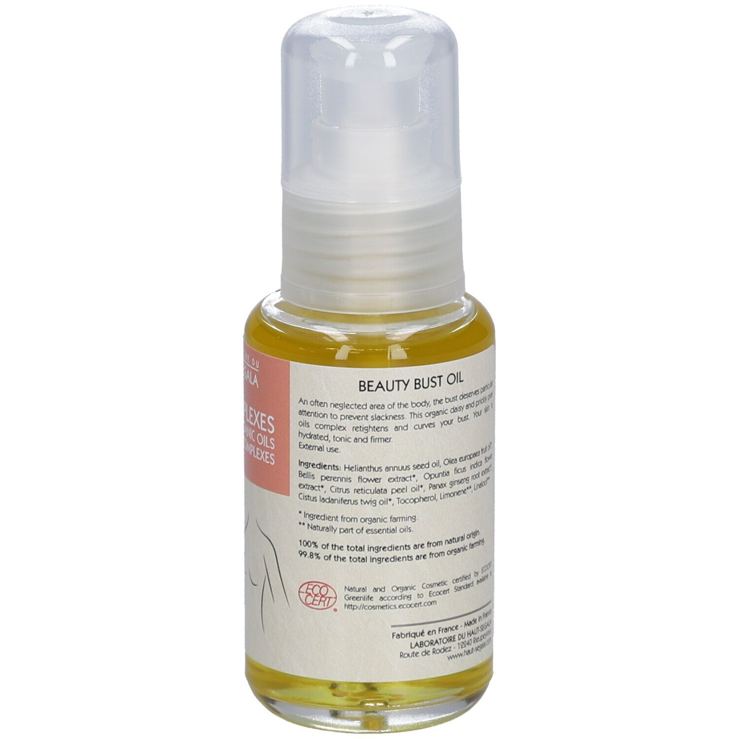 Productfles met opschrift: Les Complexes, Huile beauté du buste, Bio. Borstomtrek. Transparante dop.