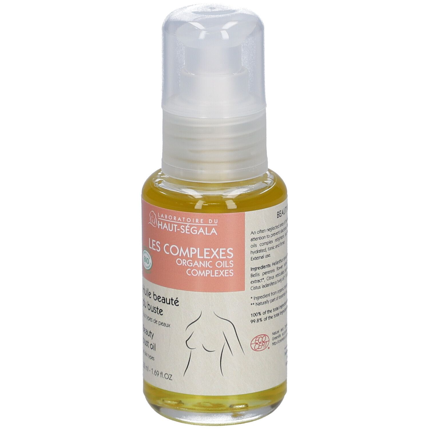 Productfles met opschrift: Les Complexes, Huile beauté du buste, Bio. Borstomtrek. Transparante dop.