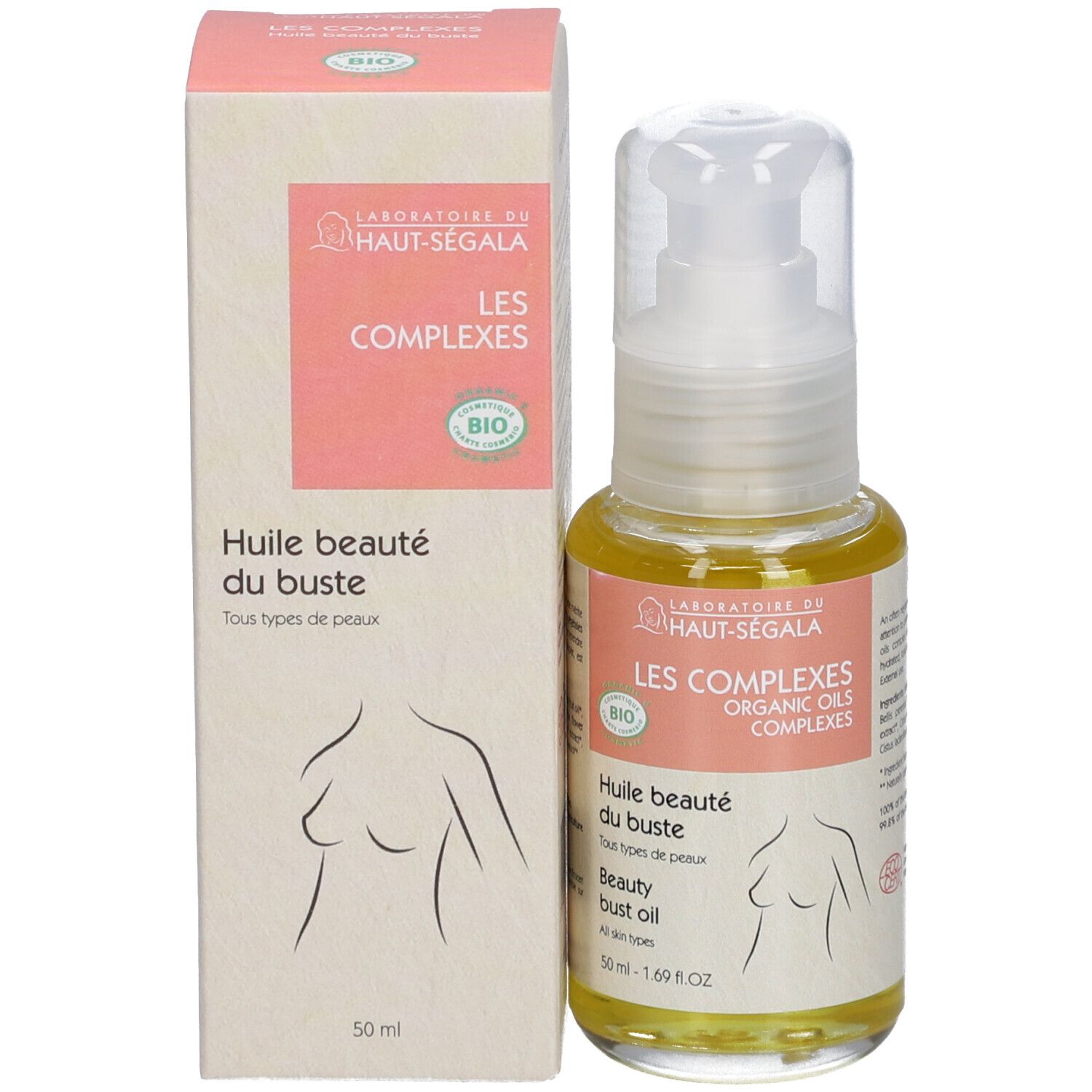 Fles en doos met product. Opschrift: Huile beauté du buste, Les Complexes, Bio. Borstomtrek afgebeeld.