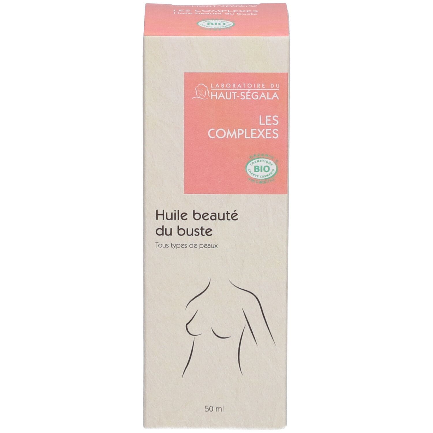Productverpakking met opschrift: Huile beauté du buste, Les Complexes, Bio. Borstomtrek afgebeeld.