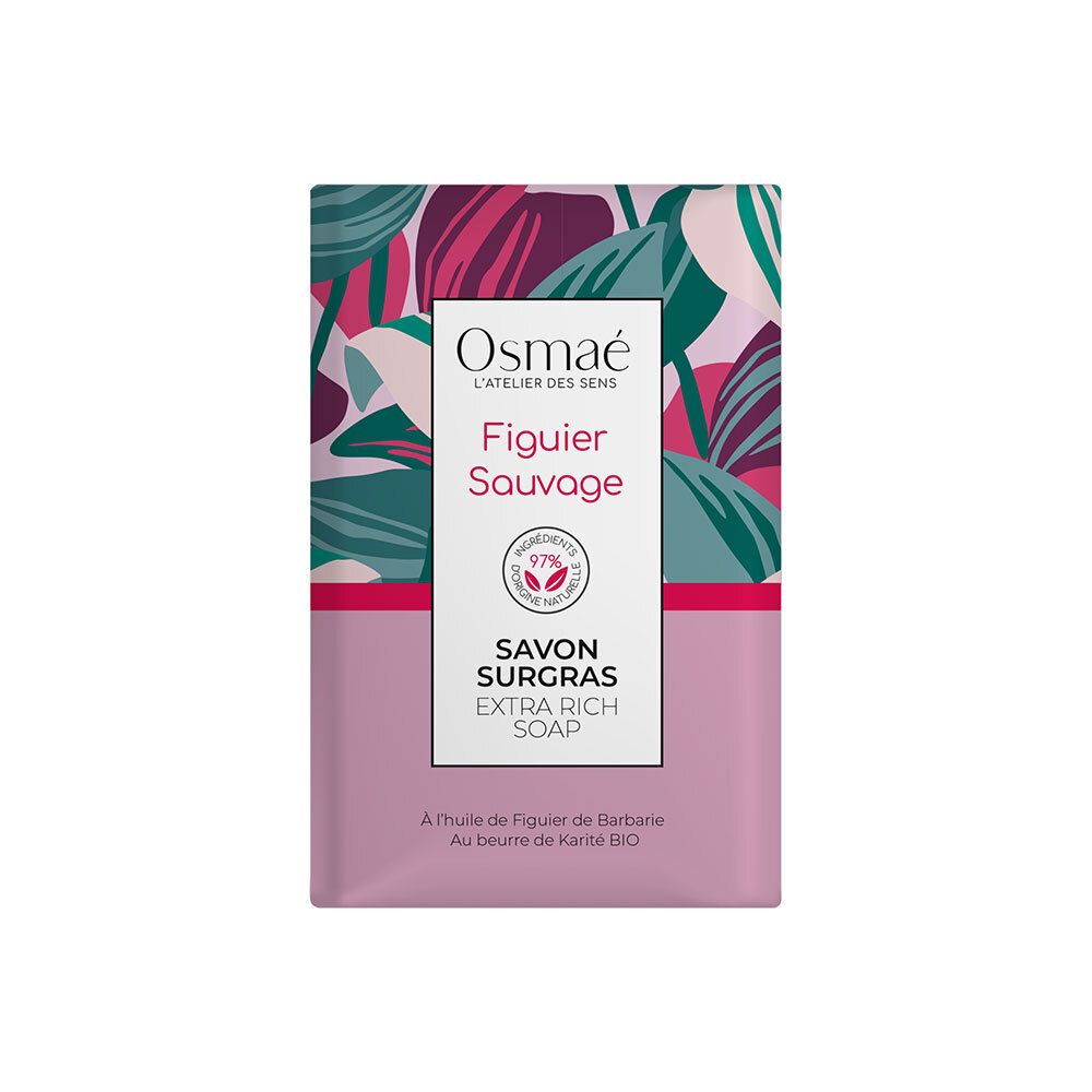 Zeep met bloemenontwerp. Merk Osmaé, Figuier Sauvage. "Savon Surgras Extra Rich Soap".