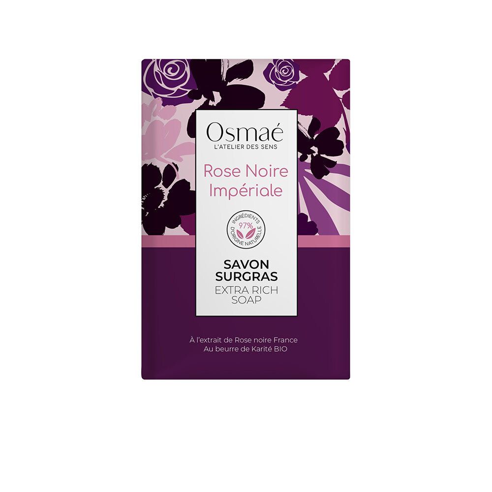 Savon emballé violet. Inscriptions: OSMAE, Rose Noire Impériale, Savon Surgras, Extra Rich Soap. Motif floral.