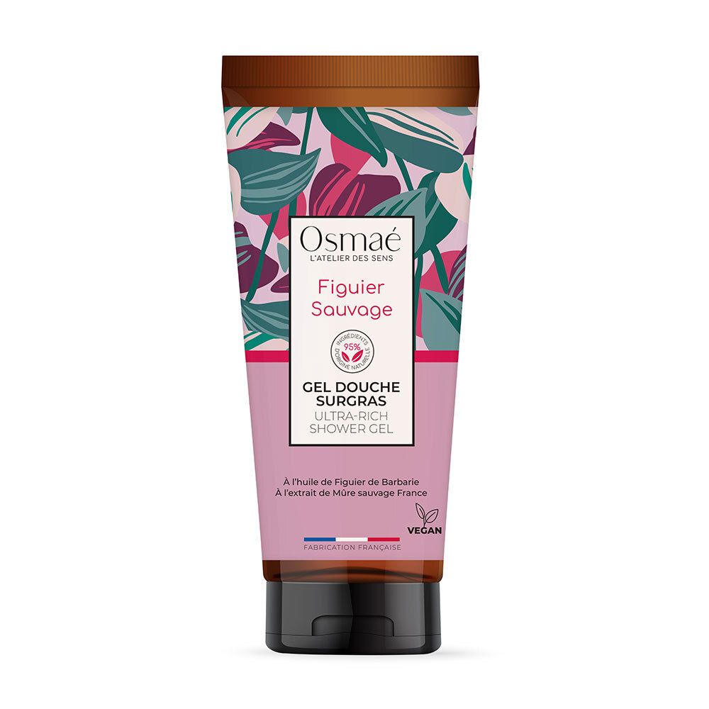 Tube de gel douche Osmaé Figuier Sauvage, motif floral. Inscription "Gel douche surgras". Certification vegan.