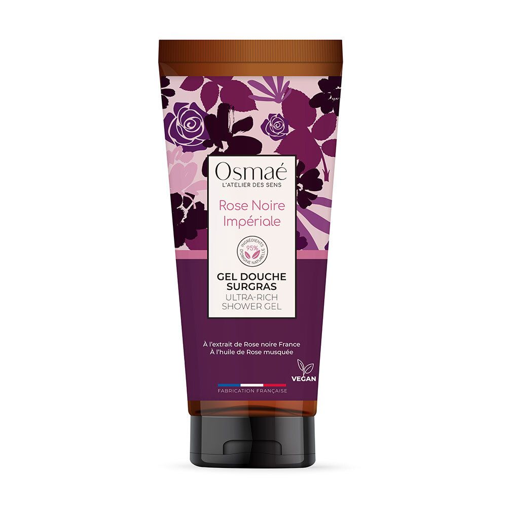 Tube de gel douche avec motifs floraux. Inscription: Rose Noire Impériale, Gel Douche Surgras. Label vegan.