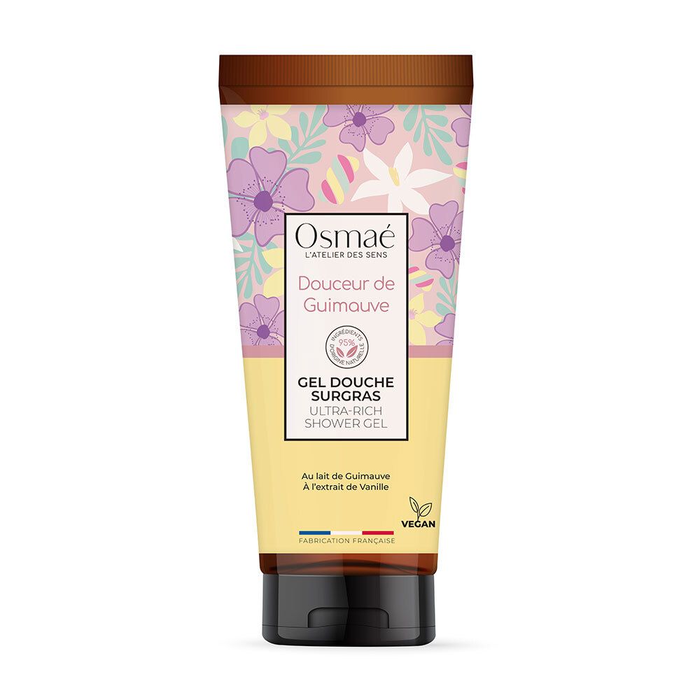 Tube met bloemenpatroon en tekst. Opschrift: Osmaé, Douceur de Guimauve, Gel Douche Surgras. Vegan keurmerk.