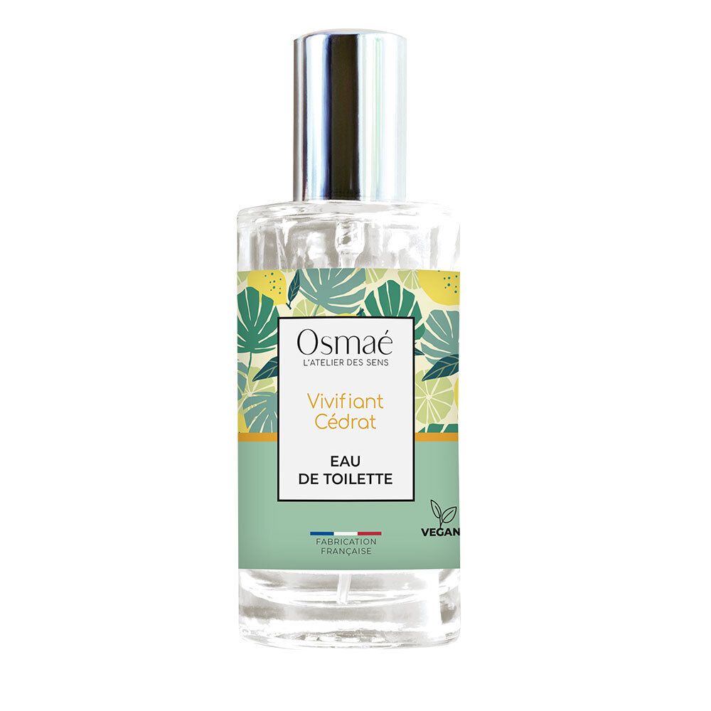 Osmaé Eau de Toilette. Flacon en verre avec vaporisateur argenté. Étiquette avec nom du produit et logo vegan. Fabrication française.