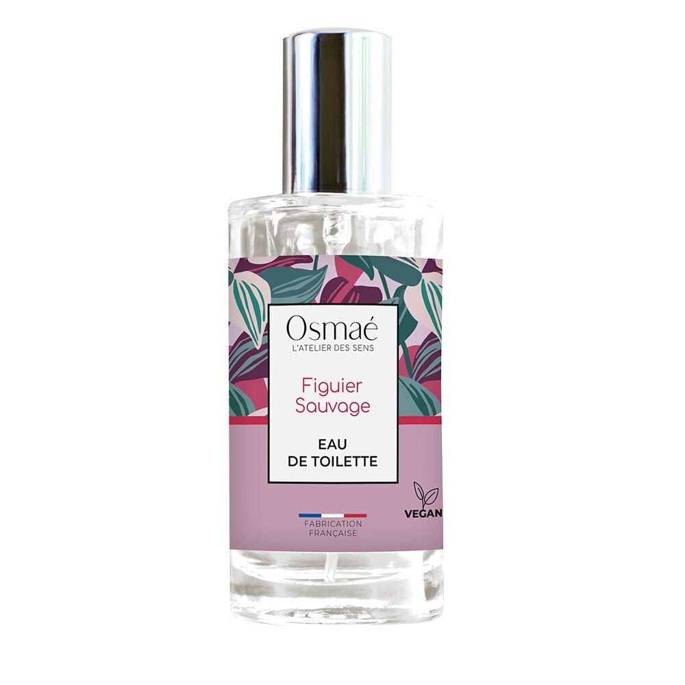 Osmaé Eau de Toilette Figuier Sauvage. Flacon en verre avec vaporisateur. Étiquette rose avec motif floral et informations.