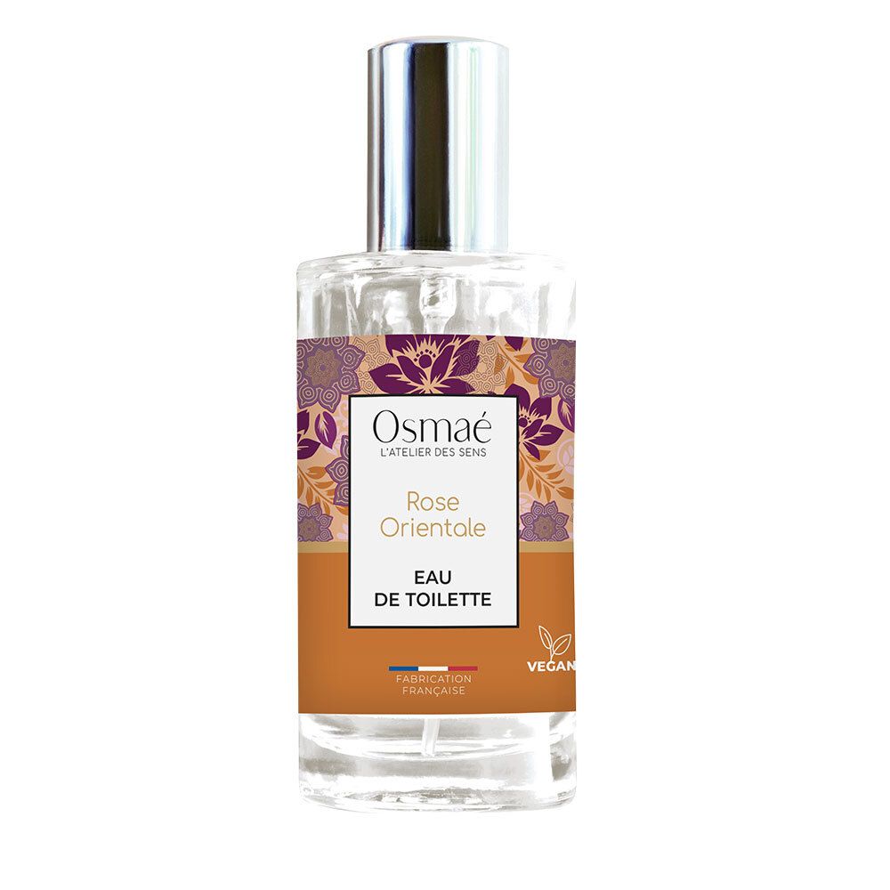 Osmaé Eau de Toilette Rose Orientale Vaporisateur. Glazen fles met zilveren dop. Etiket met productnaam en logo.
